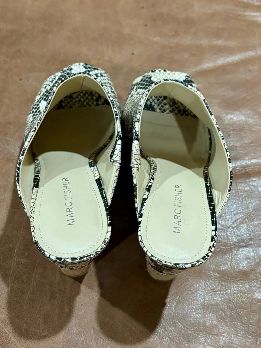 Marc Fisher Black and White Snake-Print Cork Wedge Mules